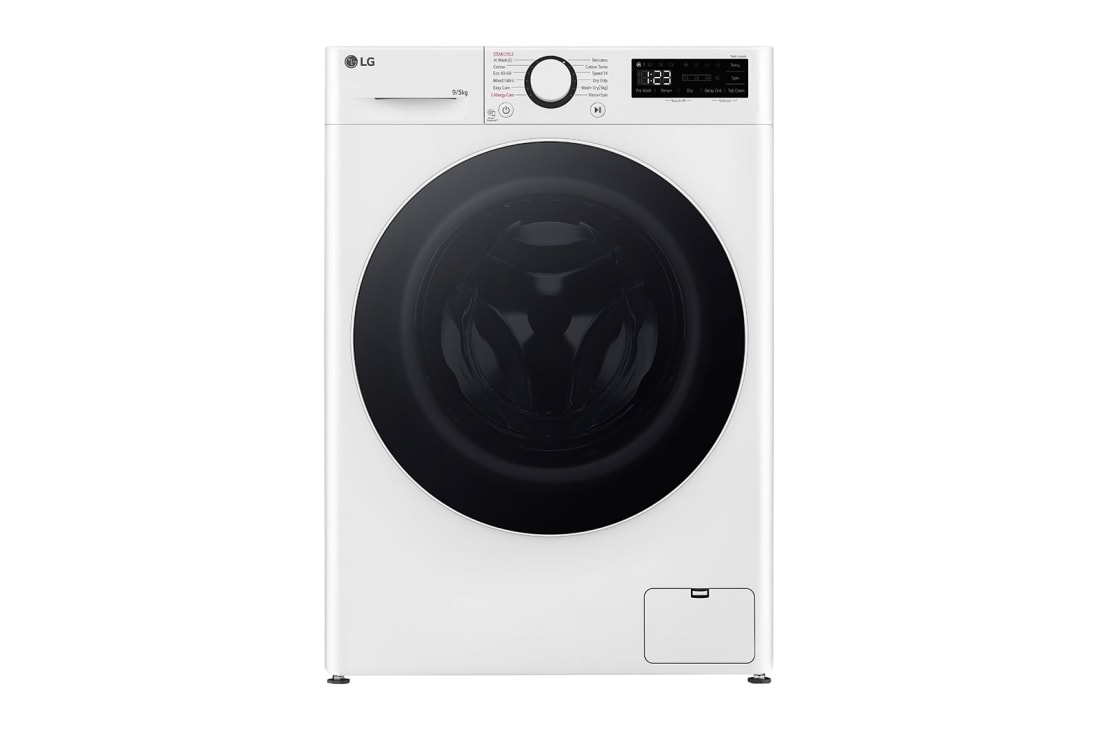LG Slim 9 kg / 5 kg Kombinert vaskemaskin/tørketrommel(Hvit) - Steam, Energiklasse A/E, AI DD™, Smart Diagnosis™,  47,5cm dybde, Front view, CV92T5S4SQE
