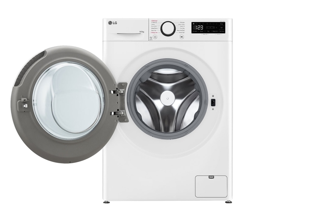 LG Slim 9 kg / 5 kg Kombinert vaskemaskin/tørketrommel(Hvit) - Steam, Energiklasse A/E, AI DD™, Smart Diagnosis™,  47,5cm dybde, Front view with door open, CV92T5S4SQE, thumbnail 2