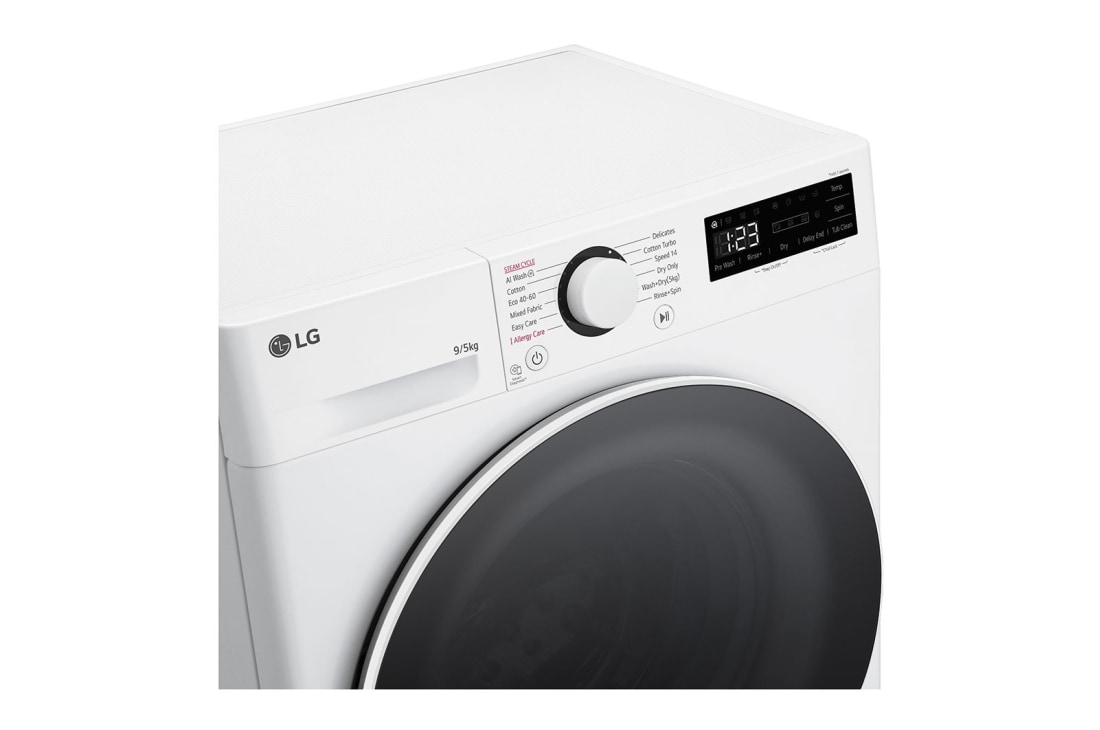 LG Slim 9 kg / 5 kg Kombinert vaskemaskin/tørketrommel(Hvit) - Steam, Energiklasse A/E, AI DD™, Smart Diagnosis™,  47,5cm dybde, Front top view, CV92T5S4SQE, thumbnail 3