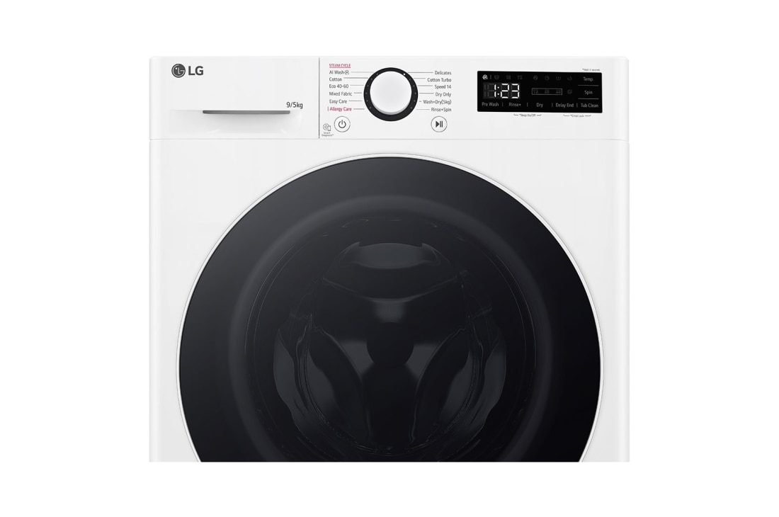 LG Slim 9 kg / 5 kg Kombinert vaskemaskin/tørketrommel(Hvit) - Steam, Energiklasse A/E, AI DD™, Smart Diagnosis™,  47,5cm dybde, Display view, CV92T5S4SQE, thumbnail 6