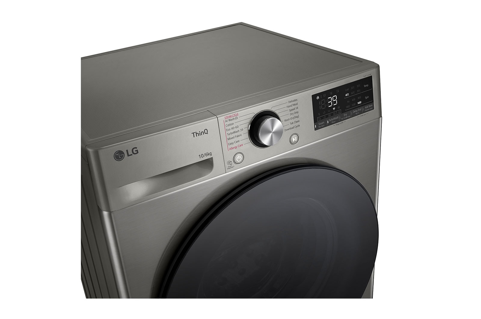LG 10 kg / 6 kg Kombinert vaskemaskin/tørketrommel(Platinum Silver) - Steam, Energiklasse A/D, TurboWash™360, AI DD™, Smart Diagnosis™ med Wi-Fi, Top Left Panel Detail, CV94V7S2QN, thumbnail 5