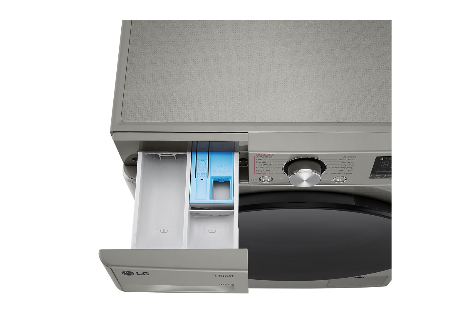 LG 10 kg / 6 kg Kombinert vaskemaskin/tørketrommel(Platinum Silver) - Steam, Energiklasse A/D, TurboWash™360, AI DD™, Smart Diagnosis™ med Wi-Fi, Top Drawer Open Detail, CV94V7S2QN, thumbnail 6