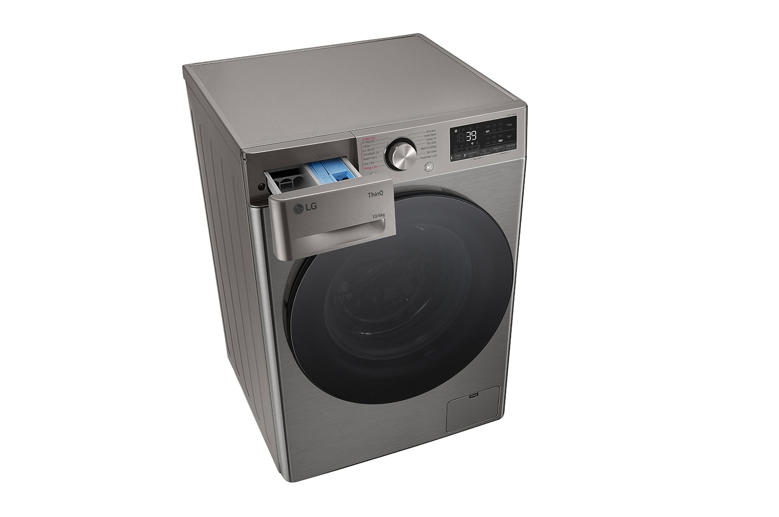 LG 10 kg / 6 kg Kombinert vaskemaskin/tørketrommel(Platinum Silver) - Steam, Energiklasse A/D, TurboWash™360, AI DD™, Smart Diagnosis™ med Wi-Fi, Top Left Perspective Drawer Open, CV94V7S2QN, thumbnail 9
