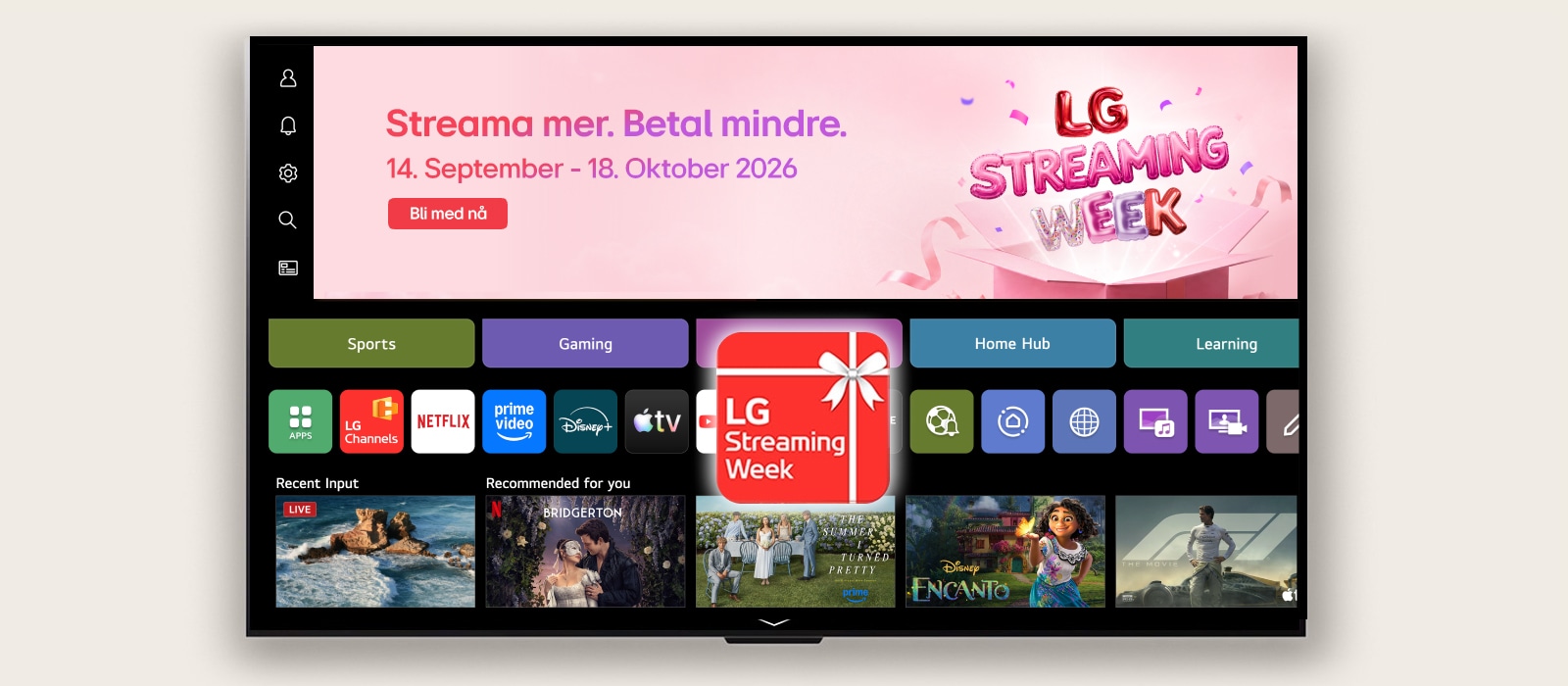 webOS Hjemmeskjerm-UI med et LG Streaming Week-banner og app-ikon, med strømmeapper og anbefalt innhold vist på skjermen.
