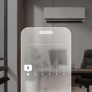 Animasjon som viser LG-klimaanleggets kW Manager-funksjon på en smarttelefon for kontroll av energiforbruk.