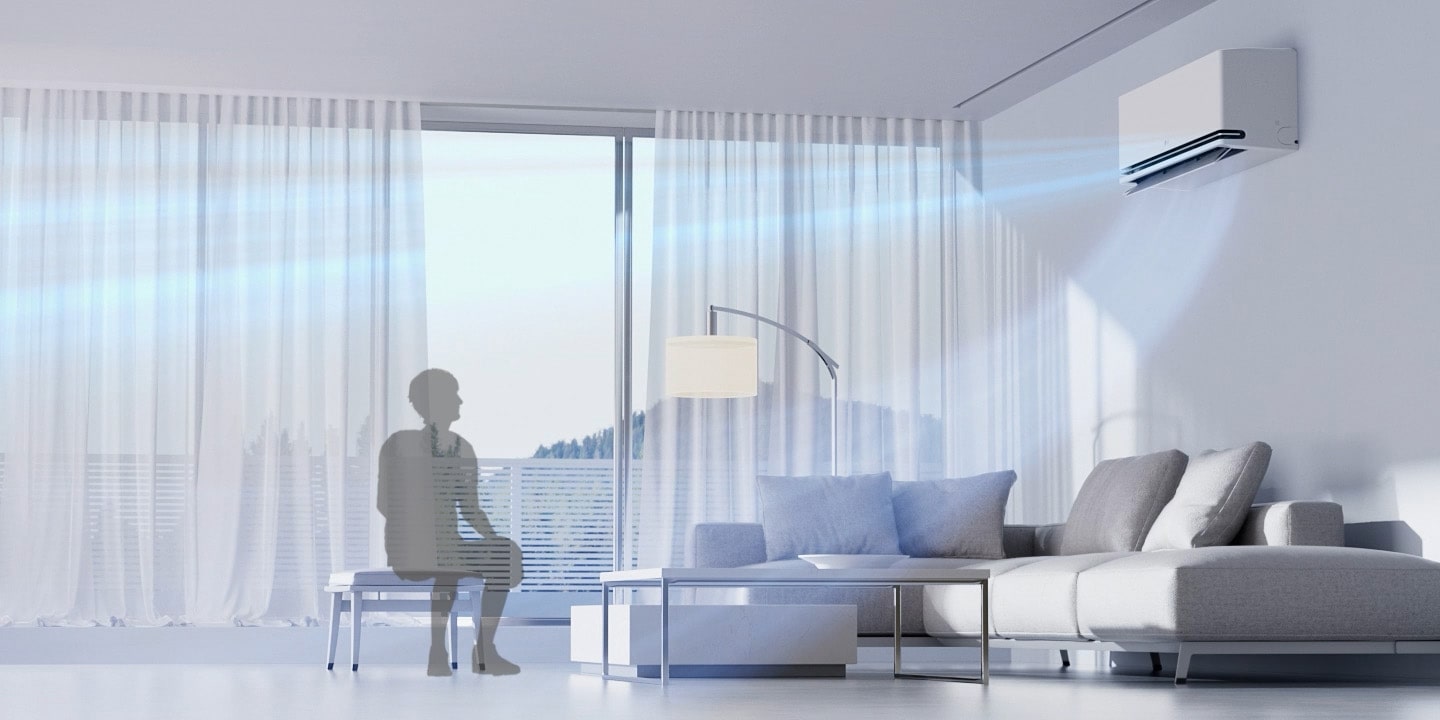 LG-klimaanlegg med AI Air registrerer romtemperaturen og hvor personen befinner seg, og justerer luftstrømmen for å opprettholde den innstilte temperaturen.