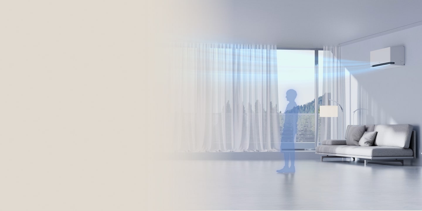 LG-klimaanlegg i en stue med fraværsregistrering registrerer at ingen er til stede og stopper driften automatisk.