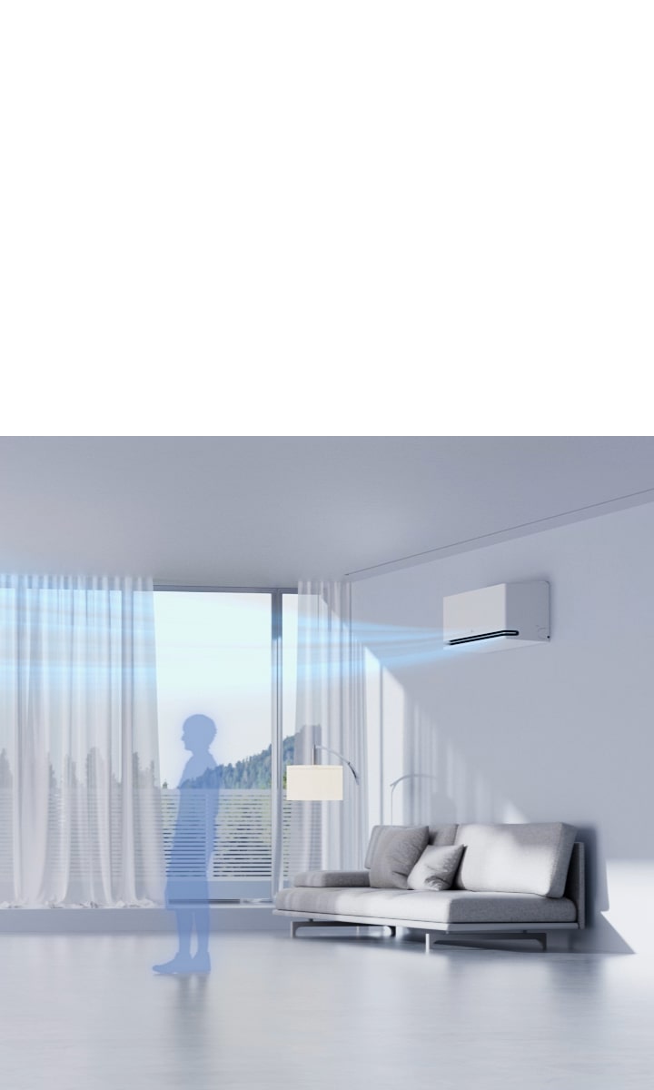 LG-klimaanlegg i en stue med fraværsregistrering registrerer at ingen er til stede og stopper driften automatisk.