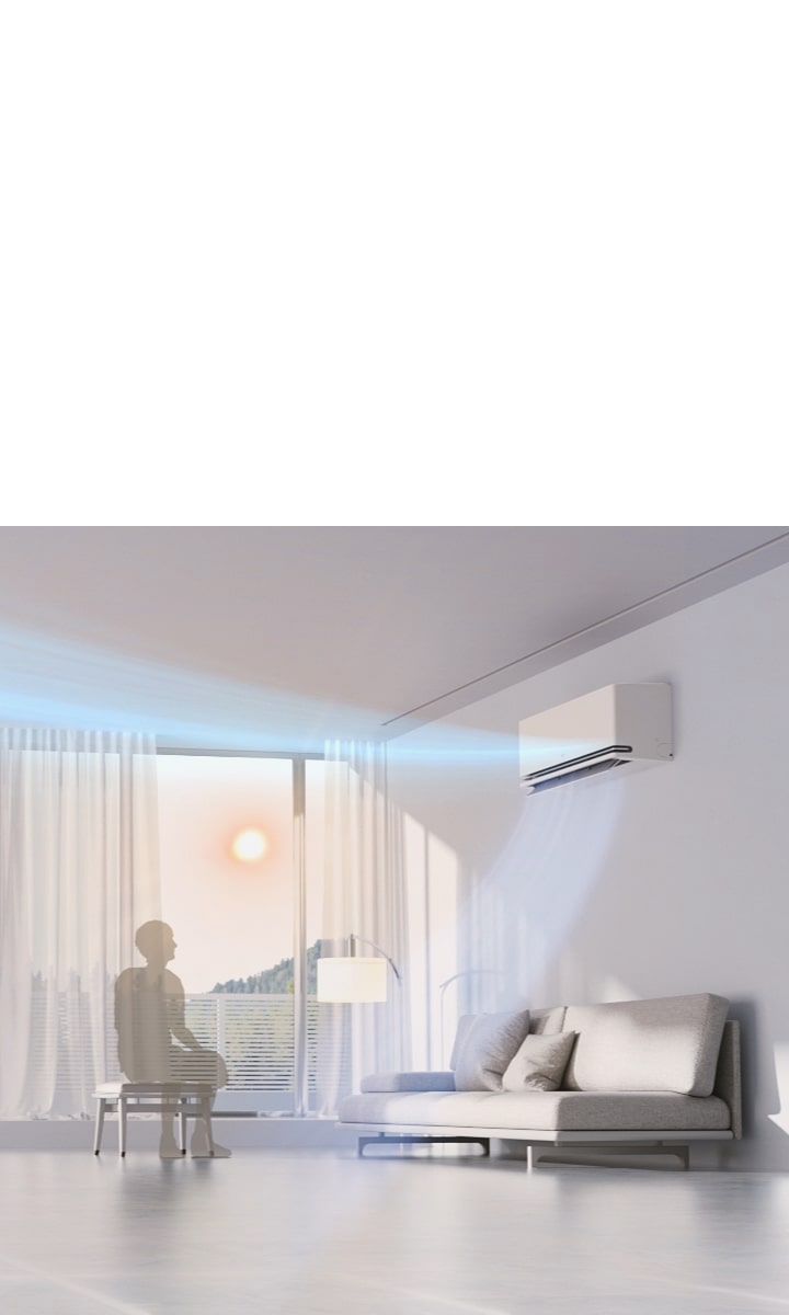 LG-klimaanlegg i en stue bruker en radarsensor til å justere luftstrømmens retning basert på romtemperaturen.