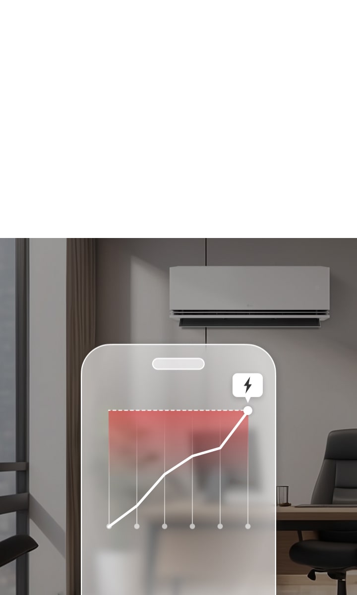 LG klimaanlegg med kW Manager sender varsler via LG ThinQ-appen når brukersatt maksimal effektgrense er nådd.