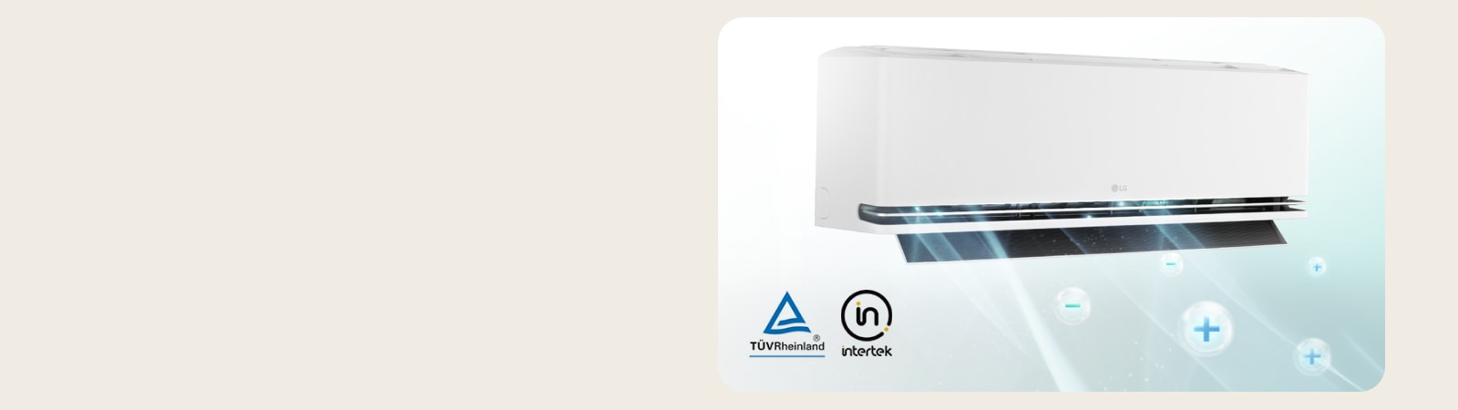 Hvit veggmontert klimaanlegg som viser ioniseringsfunksjon og TÜV Rheinland- og Intertek-logoer.