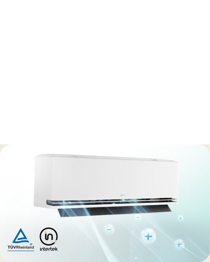Hvit veggmontert klimaanlegg som viser ioniseringsfunksjon og TÜV Rheinland- og Intertek-logoer.