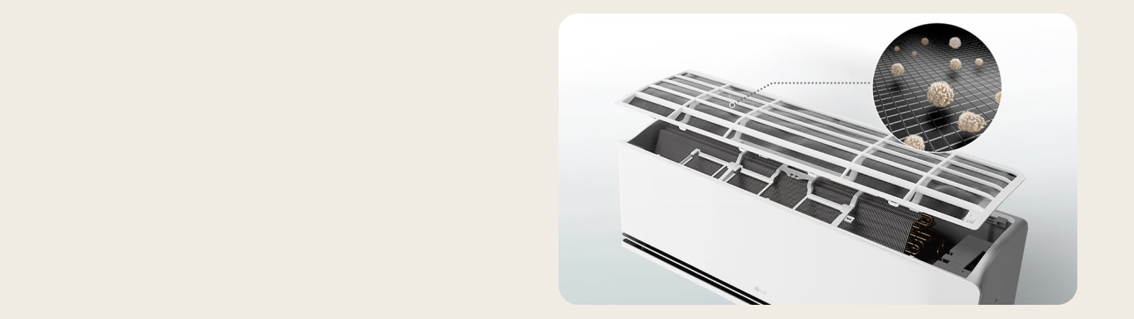 LG luftkondisjonering med åpen panel som viser et forfilter som fanger støvpartikler i nærbilde.