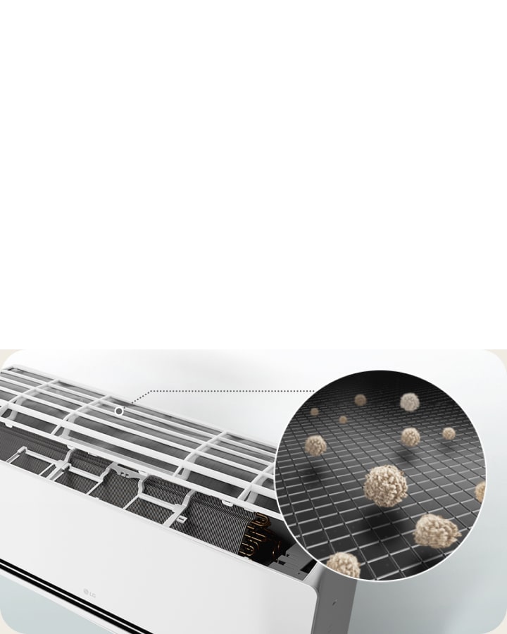 LG luftkondisjonering med åpen panel som viser et forfilter som fanger støvpartikler i nærbilde.