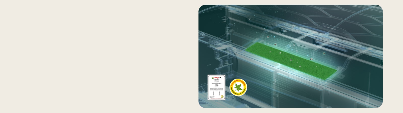 Klimaanlegg med et allergifilter som fanger partikler, med Allergy UK-sertifisering og merke vist.