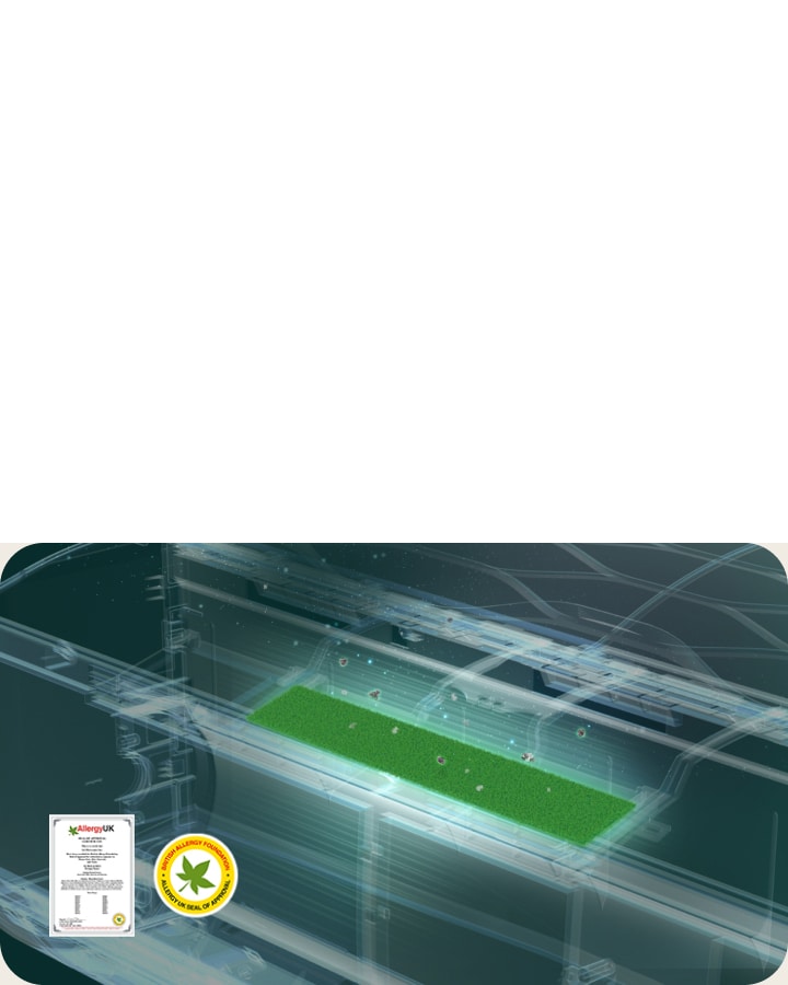 Klimaanlegg med et allergifilter som fanger partikler, med Allergy UK-sertifisering og merke vist.