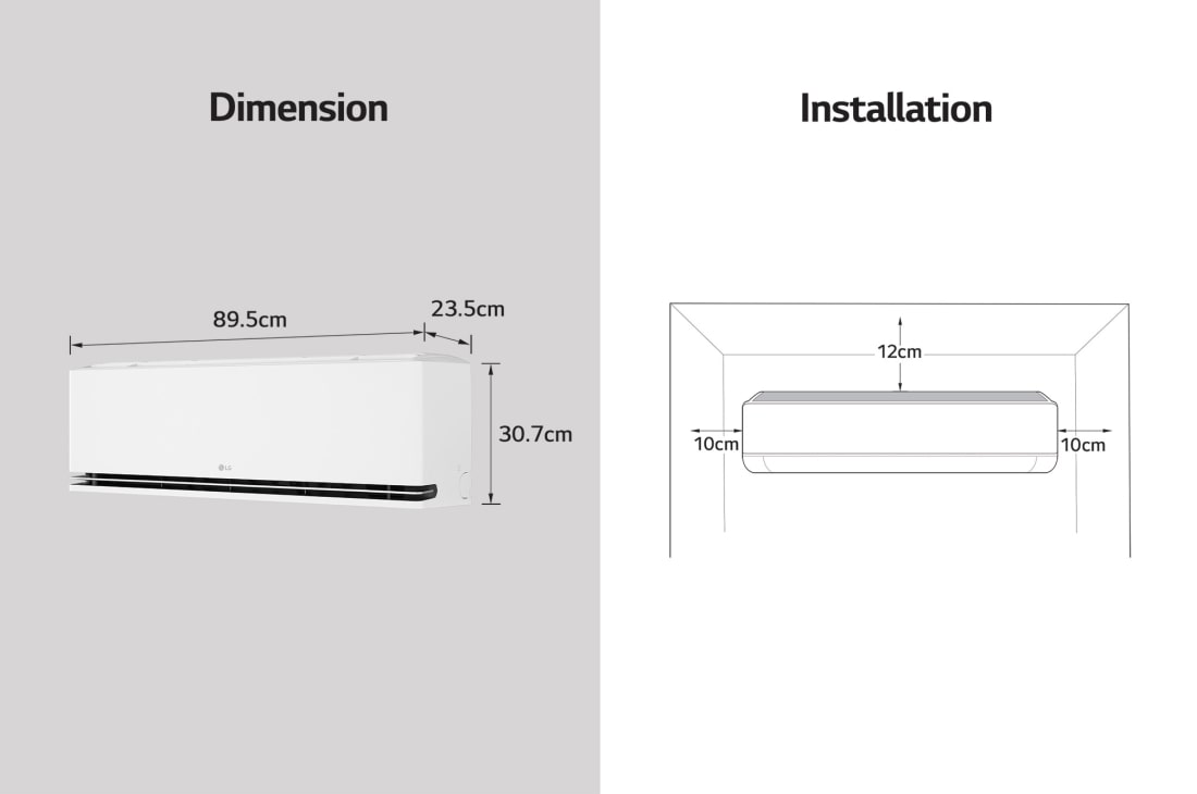 LG Premium DUALCOOL AI värmepump 3,5 kW, Image showing LG air conditioner dimensions and installation guidelines. Dimensions: 89.5cm width, 23.5cm depth, and 30.7cm height. Installation: Requires 10cm clearance on both sides, 12cm above., NH09SP2, thumbnail 8