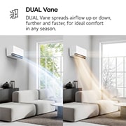 LG Premium DUALCOOL AI värmepump 3,5 kW, LG Dual Vane air conditioner shown in a living room. Cool air flows upward on the left, warm air downward on the right. The accompanying text reads: 'DUAL Vane spreads airflow up or down, further and , NH09SP2, thumbnail 4