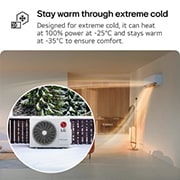 LG Premium DUALCOOL AI värmepump 3,5 kW, LG air conditioner for extreme cold, showing warm airflow in a living room and an outdoor unit in snowy conditions. Text reads: 'Stay warm through extreme cold. Designed for extreme cold, it can heat , NH09SP2, thumbnail 7