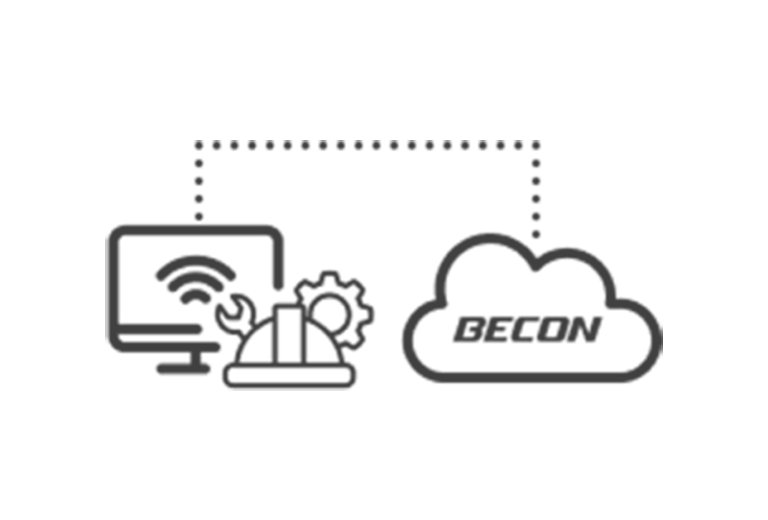 En skjerm som viser et wifi-ikon til venstre med tannhjulikoner foran, er koblet til LG BECON-skyikonet på høyre side med en grå stiplet linje.