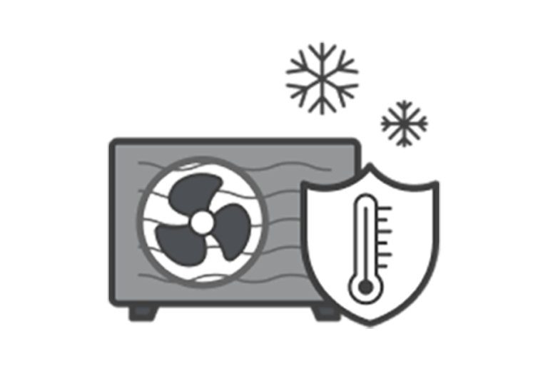 På skjermen er det grå ikonet for utendørsenheten som inneholder en vifte og en bølget grill, mens et termometer inni et skjoldmerke på høyre side indikerer høy temperatur med to snøflak på toppen.