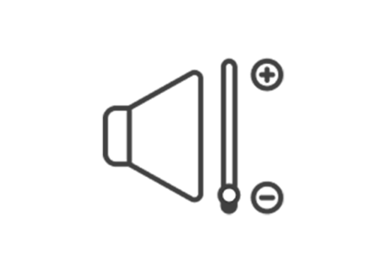 En hvit høyttaler med en volumjusteringslinje på høyre side, et plusstegn på toppen og et minustegn på bunnen. Justeringsknappen er på bunnen og indikerer lav støy.