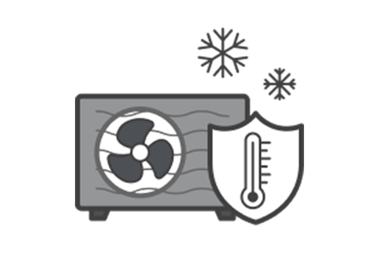På skjermen er det grå ikonet for utendørsenheten som inneholder en vifte og en bølget grill, mens et termometer inni et skjoldmerke på høyre side indikerer høy temperatur med to snøflak på toppen.