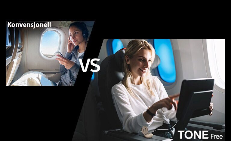 Dette scenarioet skal vise bekvemmeligheten ved funksjonen ved å sammenligne den trådløse tilkoblingsfunksjonen til TONE Free med den konvensjonelle. Dette scenarioet viser et sammenligningsbilde av å nyte flyunderholdning med konvensjonell og TONE Free, iført et headset med ledninger festet, og TONE Free paret øreproppene ved å koble holderen til aux-ledninger til flyunderholdningsskjermen.