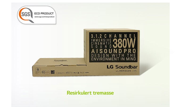 Det er en SGS-ØKOPRODUKT-logo oppe i høyre hjørne. Det er et grått forbudt-merke på isopor-bildet til venstre og et bilde av emballasjeesker til høyre.