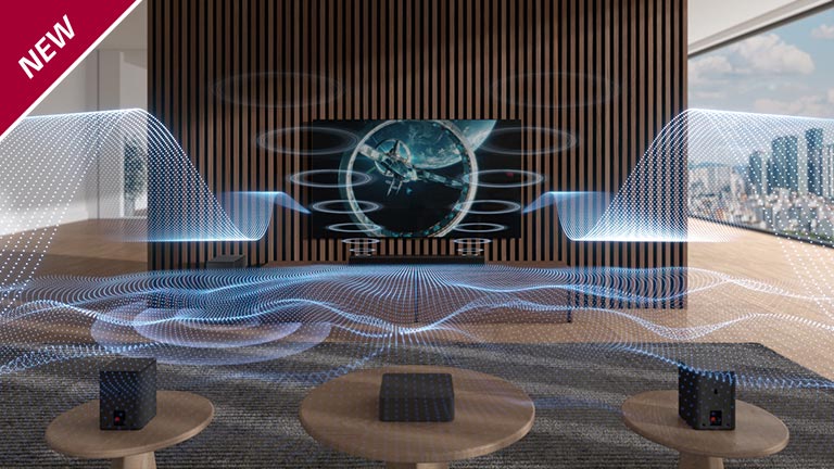 Ulike blåfargede lydbølger slippes ut fra lydplanken og TV-en. NYTT merke vises oppe i venstre hjørne.