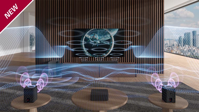 Ulike blåfargede lydbølger slippes ut fra lydplanken og TV-en. NYTT merke vises oppe i venstre hjørne.