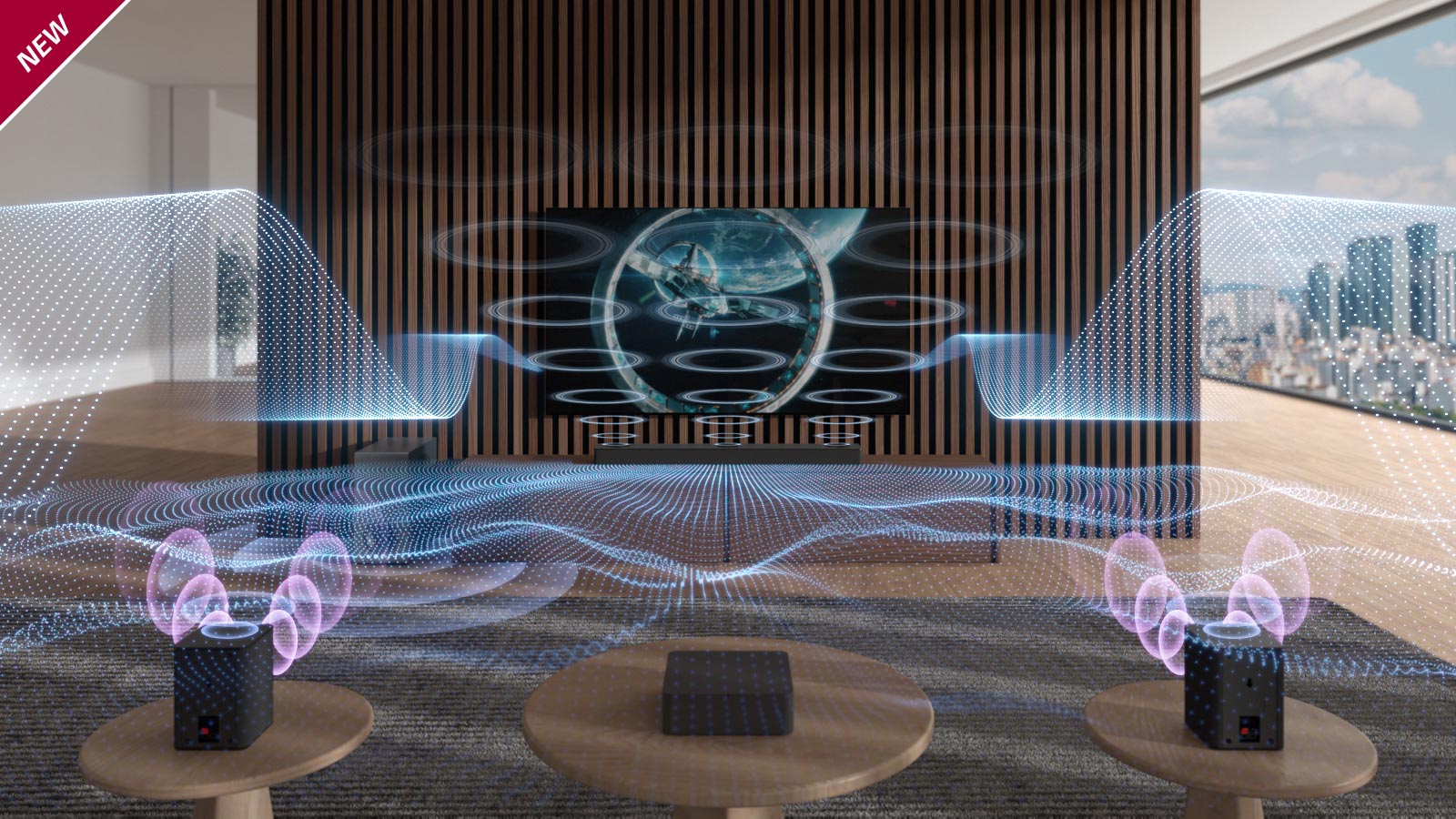 Ulike blåfargede lydbølger slippes ut fra lydplanken og TV-en. NYTT merke vises oppe i venstre hjørne.