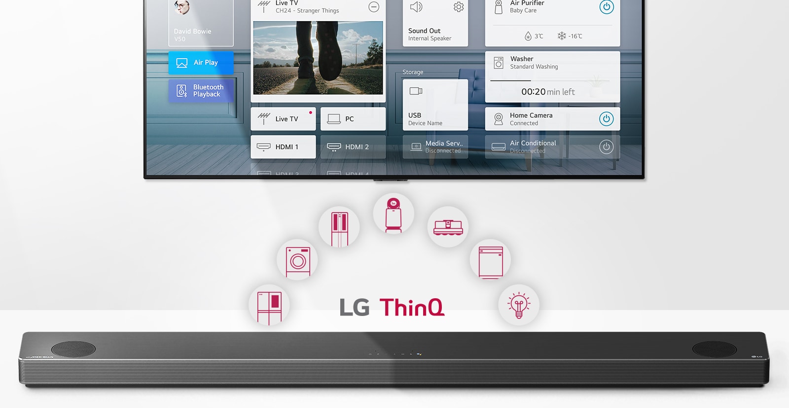 TVen er på veggen. LG-lydplanken er under TVen. LG ThinQ-logoen og apparat-ikoner vises mellom TVen og LG-lydplanken.