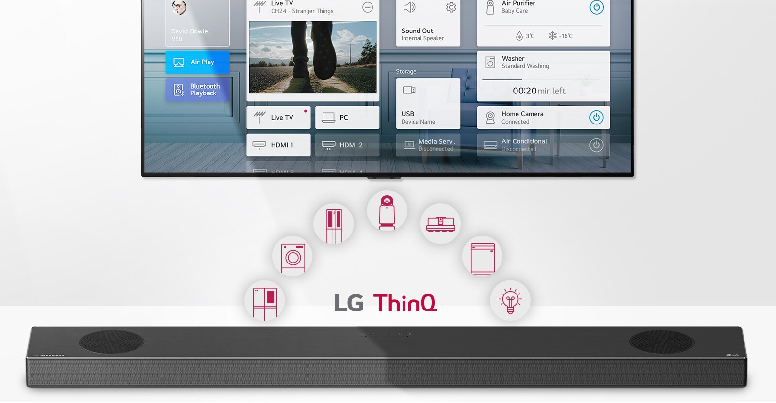 TVen er på veggen. LG-lydplanken er under TVen. LG ThinQ-logoen og apparat-ikoner vises mellom TVen og LG-lydplanken.