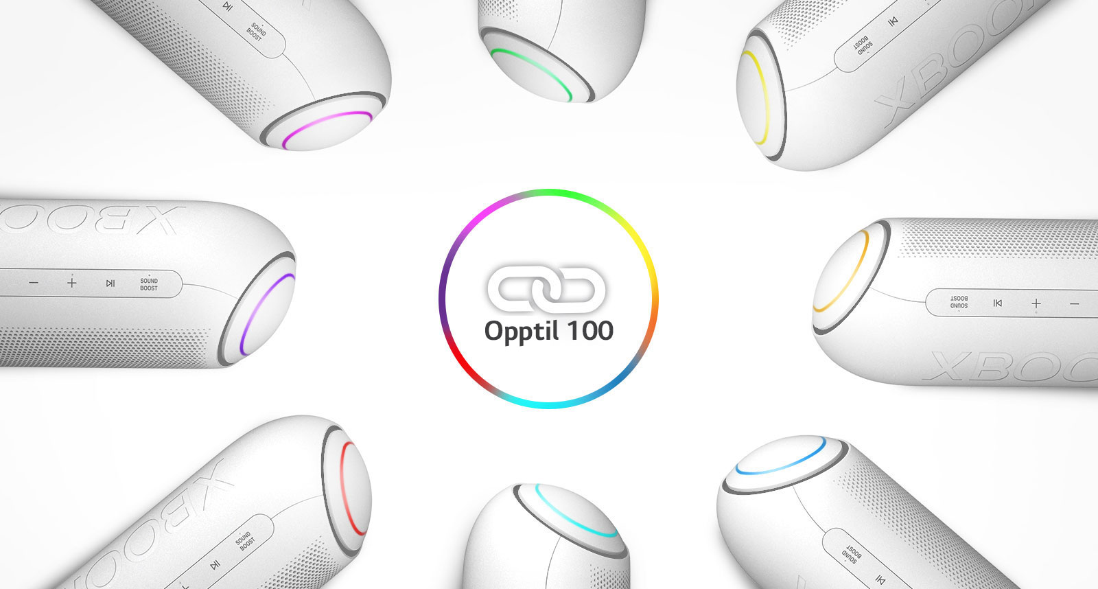 Åtte LG XBOOM Go-er med ulike lys er plasserte i en sirkel rundt et lenkeikon, mot en hvit bakgrunn.