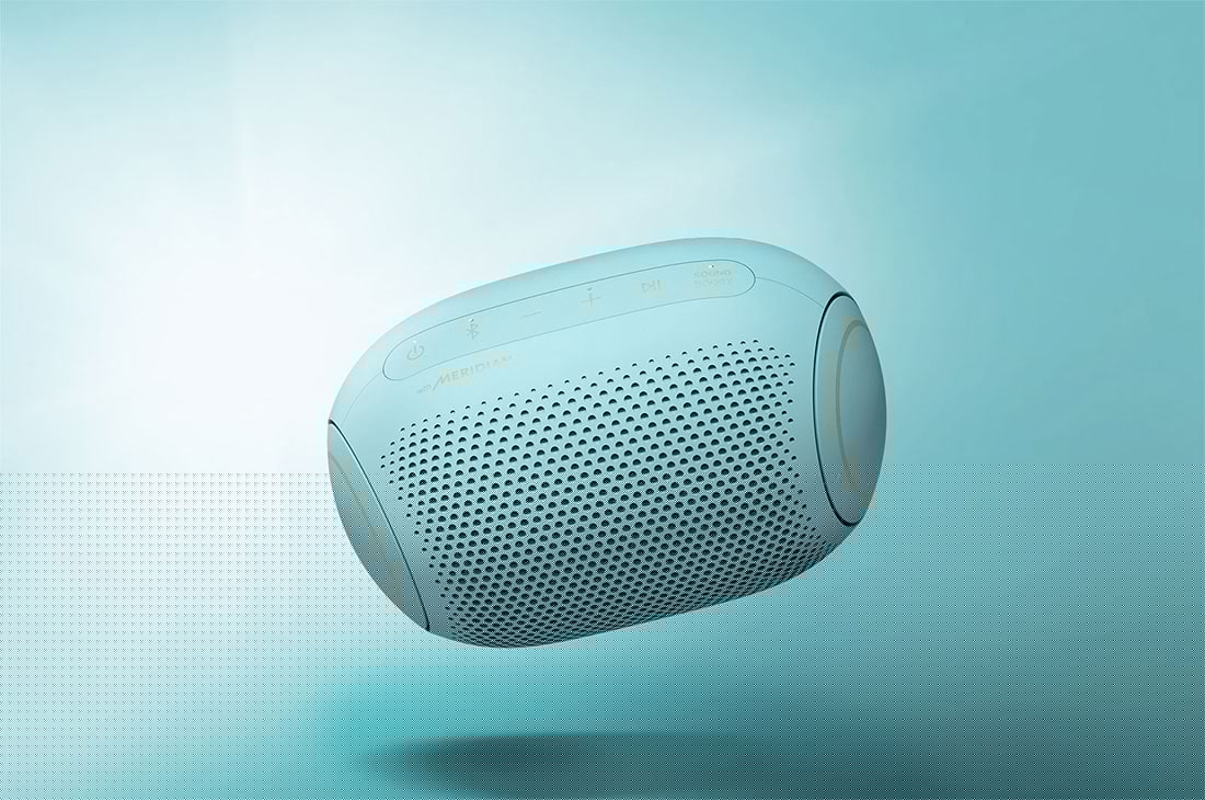 LG XBOOMGo PL2B, LG XBOOMGo PL2B, A front view of an LG XBOOM Go tilting down to its left and floating in the air, PL2B, PL2B, thumbnail 2