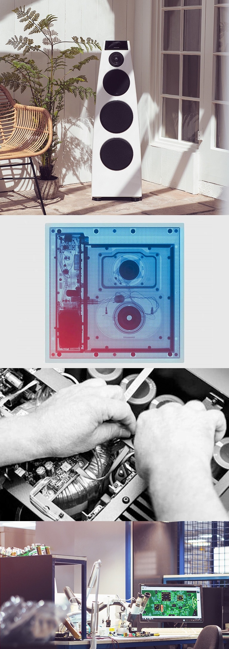 Et oppsett med fire bilder relatert til Meridian-lyden