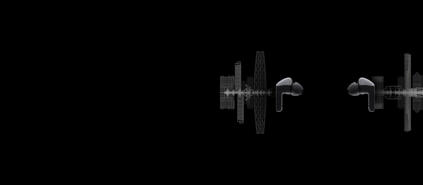 Et bilde av to øreplugger som vender mot hverandre og en silhuett av bybildet er illustrert bak hver øreplugg