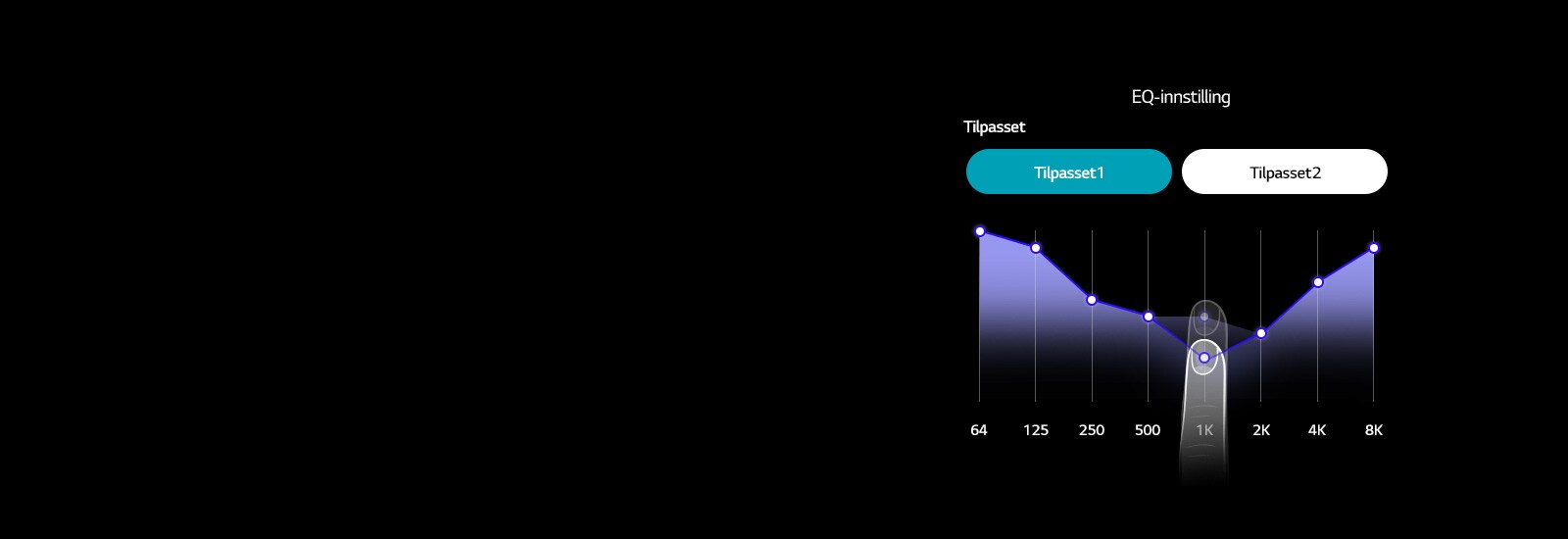 En illustrasjon av EQ-innstillingssiden i TONE Free-appen viser en finger som beveger linjediagrammet for lydfrekvens opp og ned 