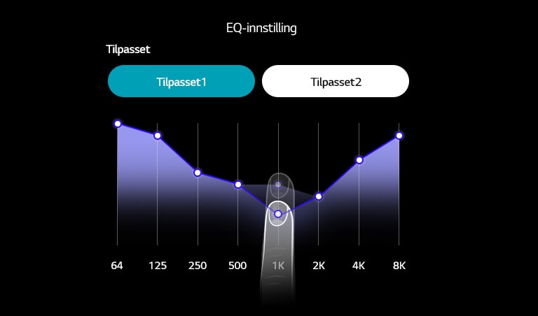 En illustrasjon av EQ-innstillingssiden i TONE Free-appen viser en finger som beveger linjediagrammet for lydfrekvens opp og ned 