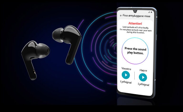 Et bilde av en telefon og øreplugger i et virtuelt rom med blå, lilla og røde linjer som sirkler rundt i bakgrunnen