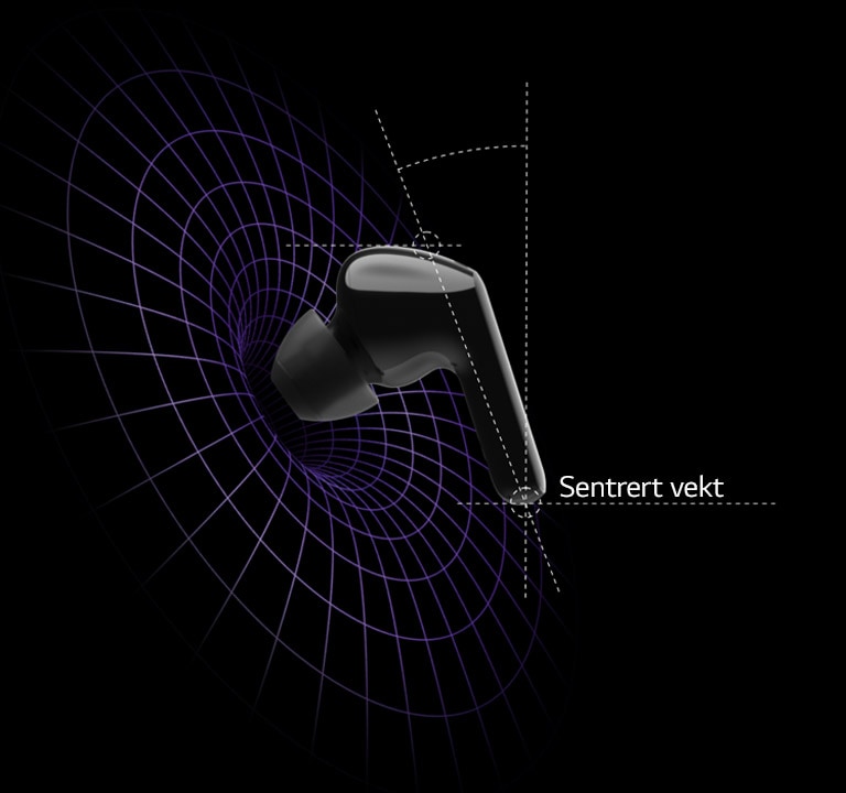 Et bilde av øreplugger i et virtuelt rom med diagrammer som viser at vekten er sentrert øverst på øreproppen
