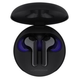 A top view of a cradle opened up and two earbuds inside it with UV lighting on2