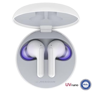 A top view of a cradle opened up and two earbuds inside it with UV lighting on1