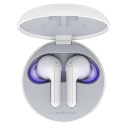 A top view of a cradle opened up and two earbuds inside it with UV lighting on2