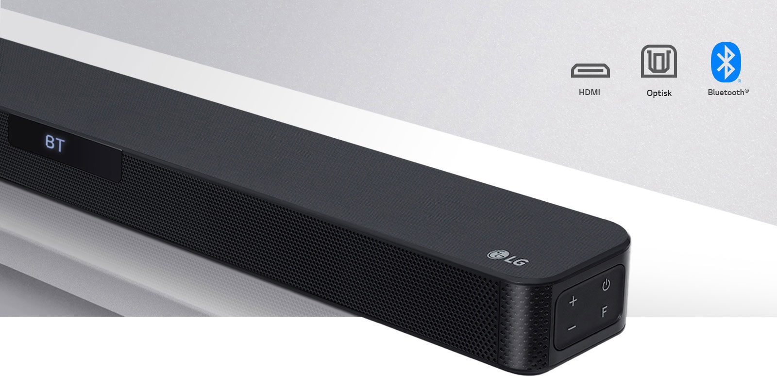 Nærbilde av LG-lydplankens høyre side med LG-logoen vist på nedre høyre hjørne. Tilkoblingsikoner vist over produktet. 
