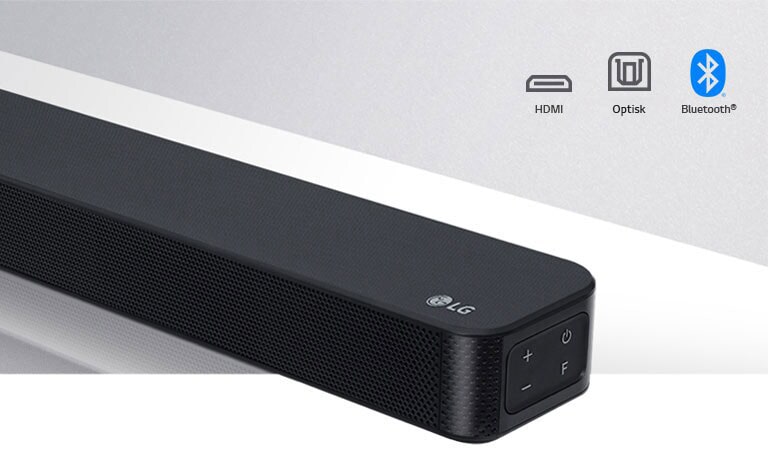 Nærbilde av LG-lydplankens høyre side med LG-logoen vist på nedre høyre hjørne. Tilkoblingsikoner vist over produktet. 
