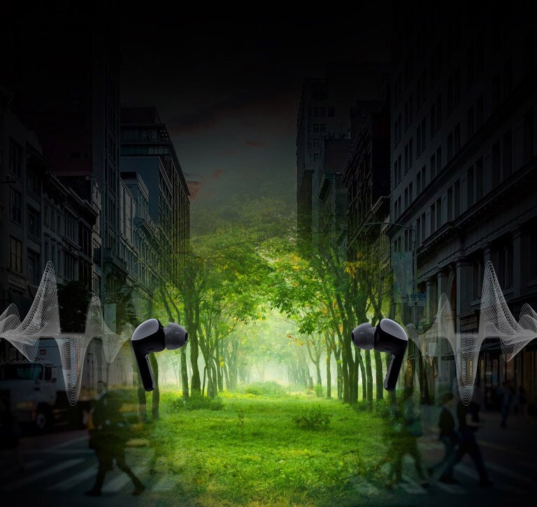 Et bilde av to ørepropper vendt mot hverandre og bølge illustrert bak hver ørepropp. Og det er et virtuelt rom - det er en by, men med skog i midten.