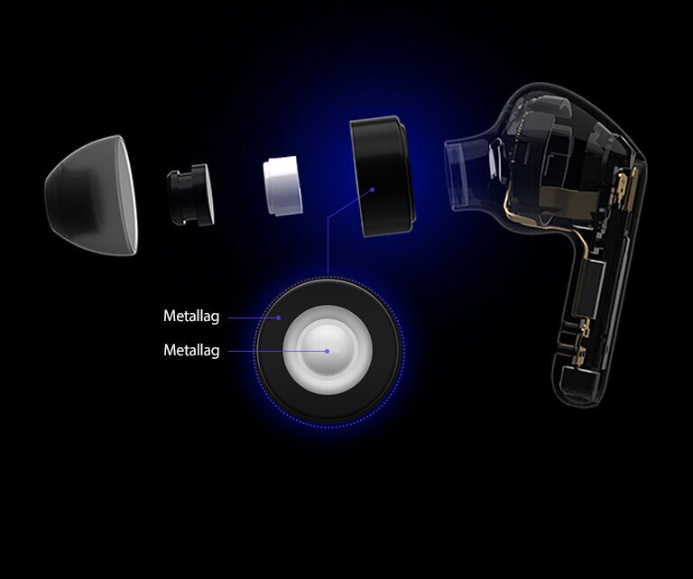 Et bilde av en svart ørepropp som er separert i fire deler for å vise den intrikate teknologien bak den.