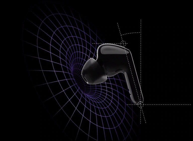 Et bilde av ørepropper i et virtuelt rom med diagrammer som viser at vekten er sentrert på toppen av øreproppen